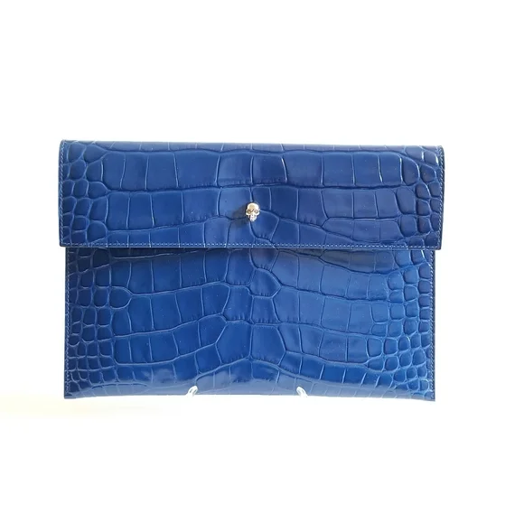 Alexander McQueen Skull Croc-Embossed Leather Pouch Indigo - Picture 2 of 8